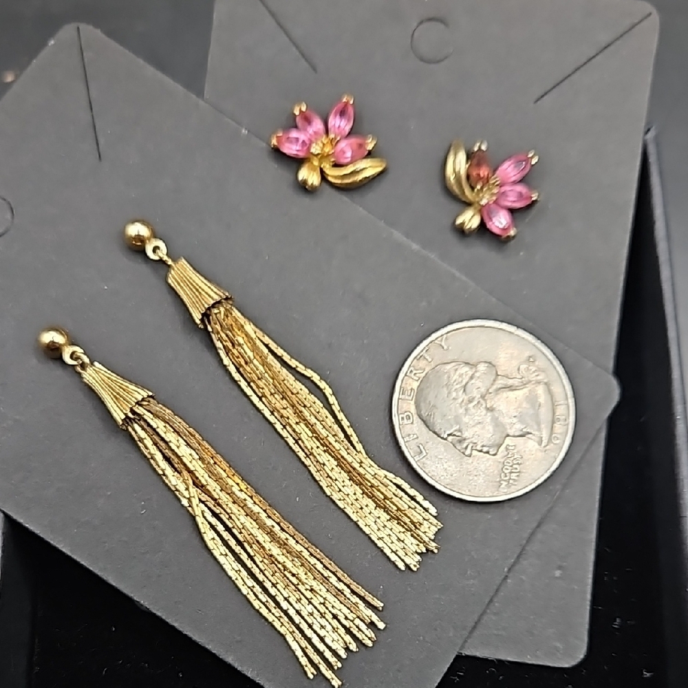 Pair Of Golden Dangle Earrings And Pair Of Flower Pink Rinestone Earrings